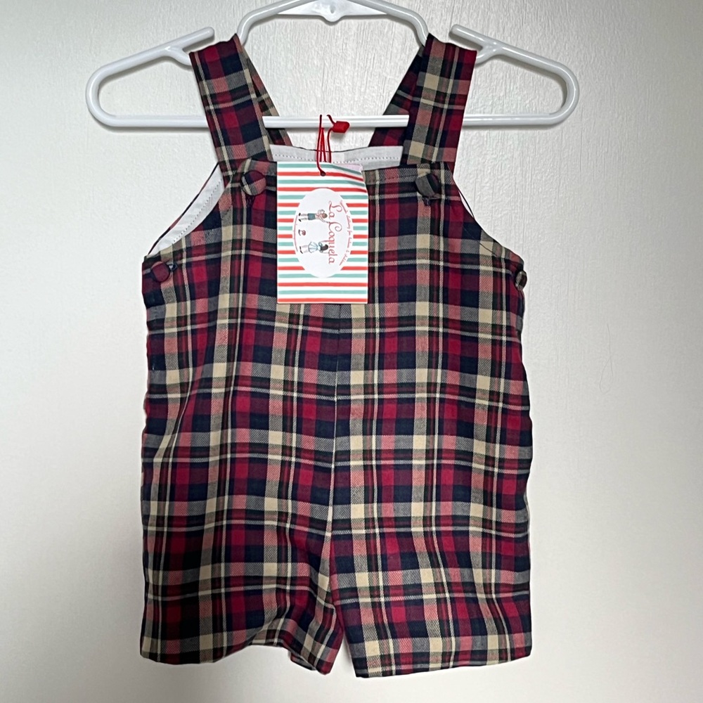 La Coqueta NWT Navy Tartan Buganvilla Baby Overalls 6m (fits 3-6m best)